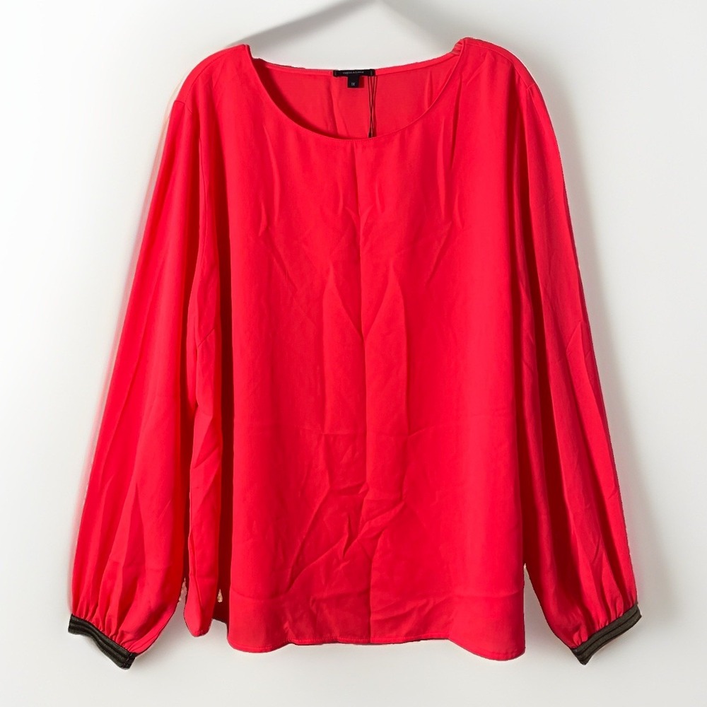 Stella & Dot Soiree Neon Orange Coral Blouse Metallic Striped Cuffs Women's XL